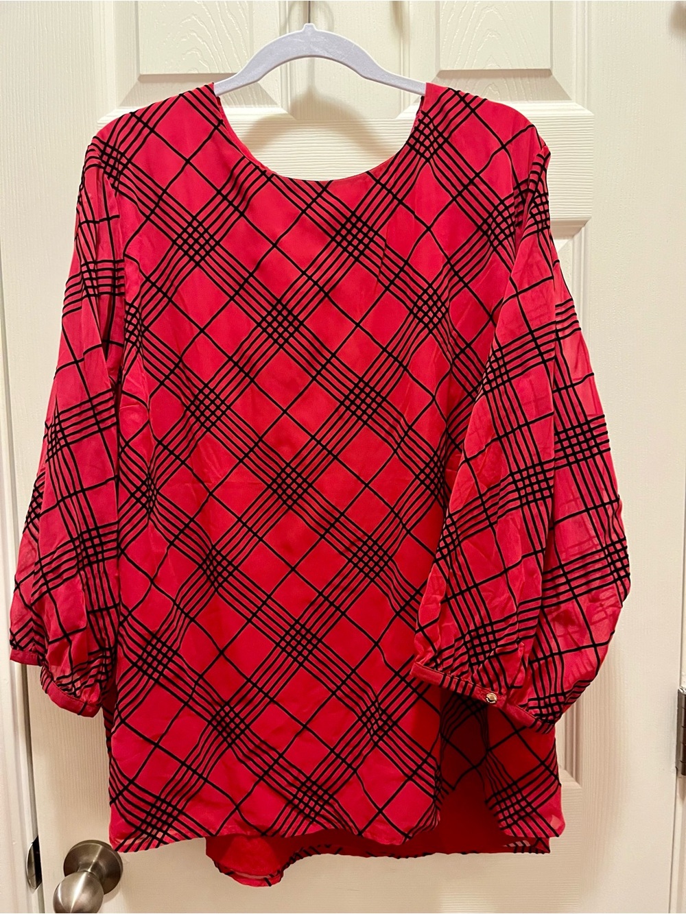 Calvin Klein 2X Red Black Plaid Balloon Sleeve Blouse